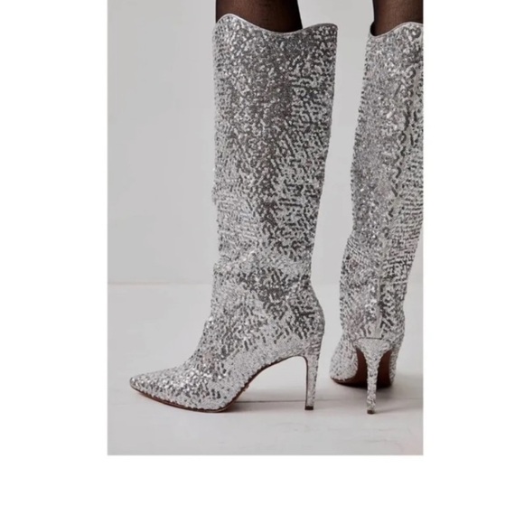 Free People Vicenza After Midnight Silver Sequin Leather Knee High Heel Boots 7 - Picture 4 of 13